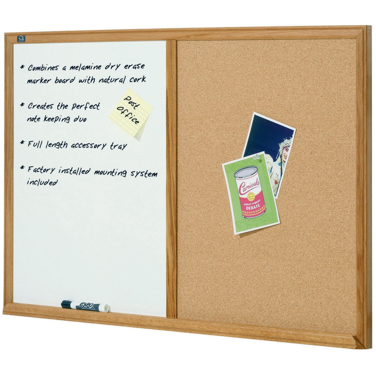 Quartet Cork/Melamine Combo Board 1200x900mm with oak frame, smooth whiteboard, and natural cork for pinning notes.