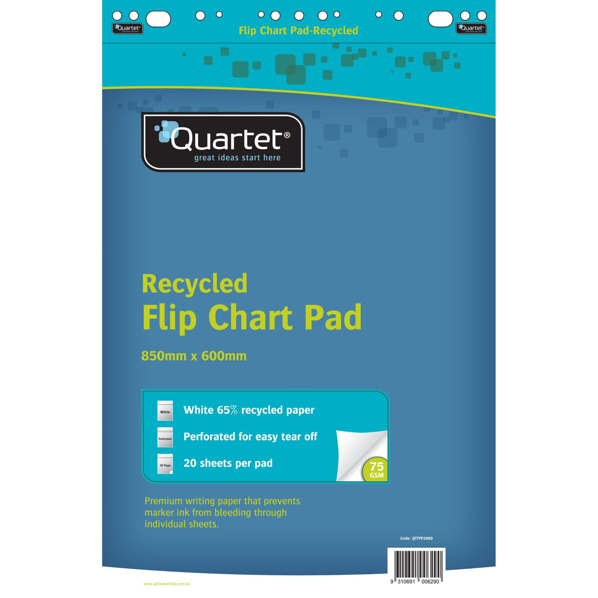 Quartet Recycled Flipchart Pad featuring 20 perforated sheets, 600x850mm size, made from 65% recycled paper for eco-friendly presentations.