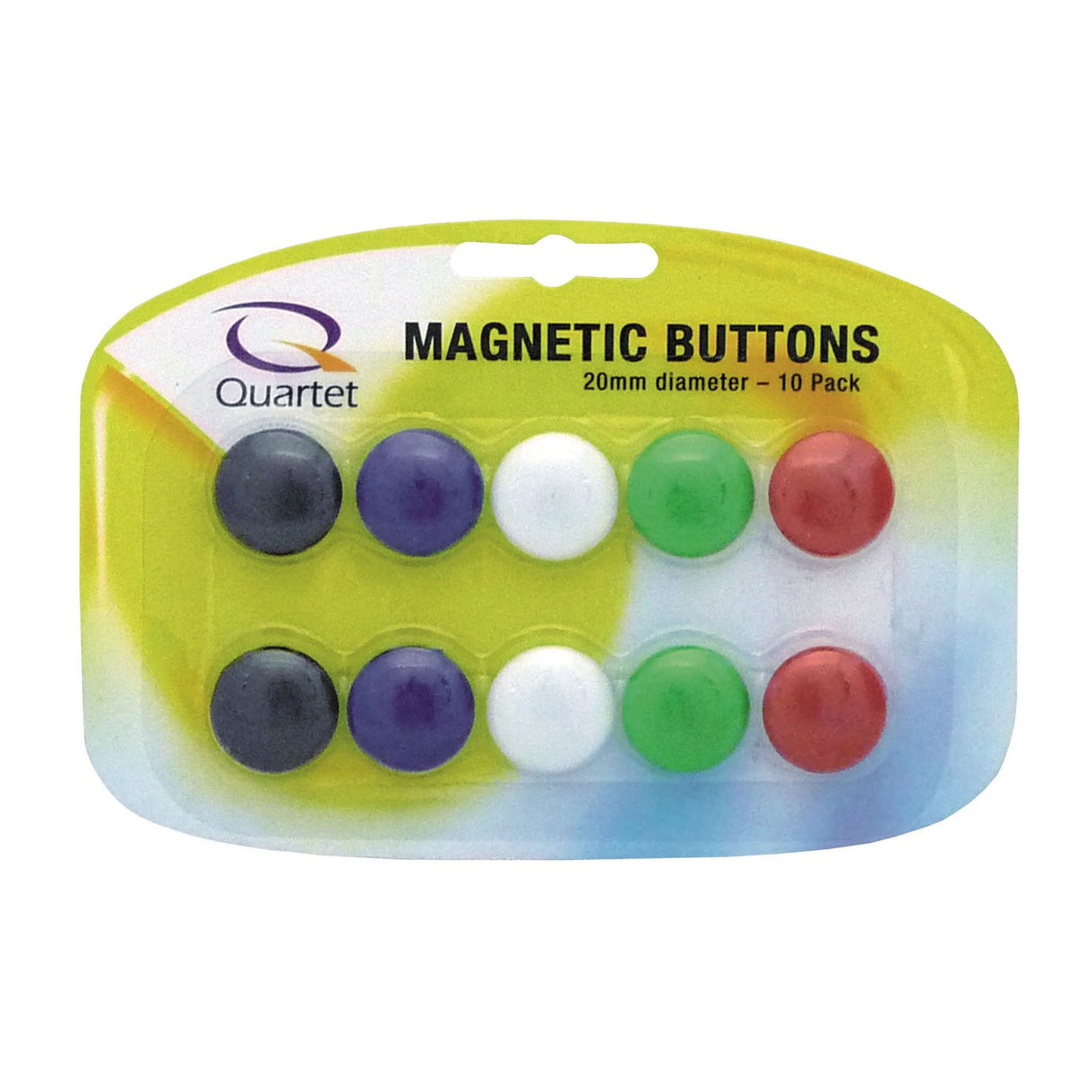 Set of 10 assorted 20mm Quartet Magnetic Buttons in vibrant colors for securing documents and adding style to magnetic surfaces.
