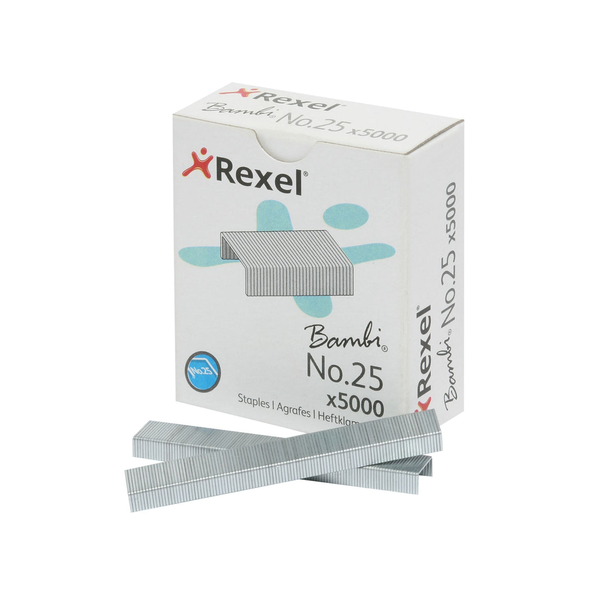 Rexel Bambi Staples No 25 box of 5000, high-quality steel staples for accurate and reliable stapling.
