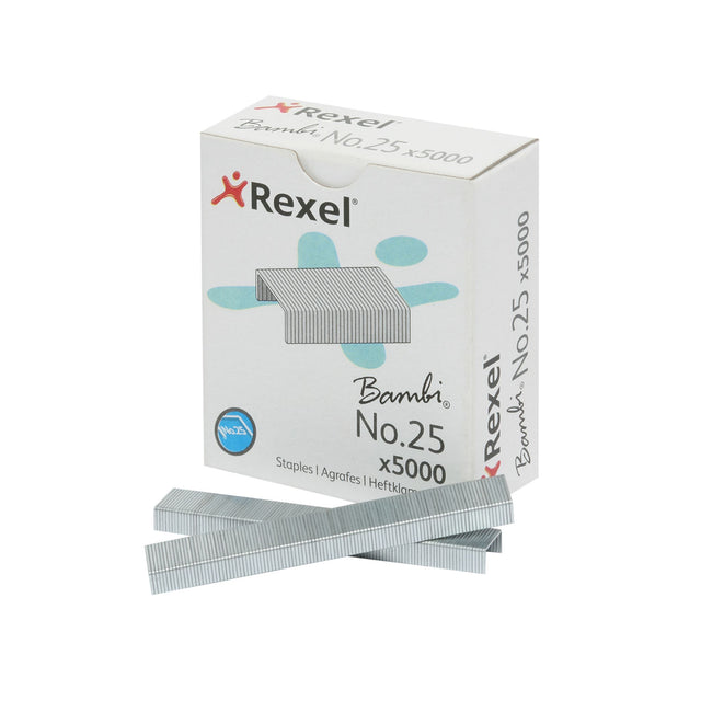 Rexel Bambi Staples No 25 box of 5000, high-quality steel staples for accurate and reliable stapling.