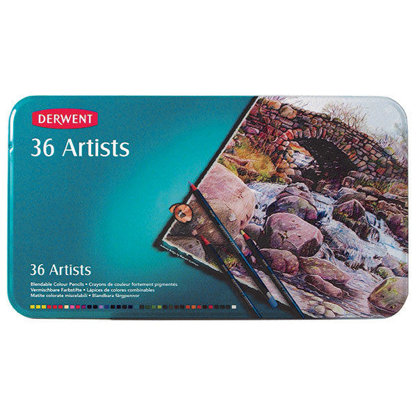 Derwent Artist Pencils 36tin: premium colored pencils in vibrant hues, ideal for shading and detailed artwork.