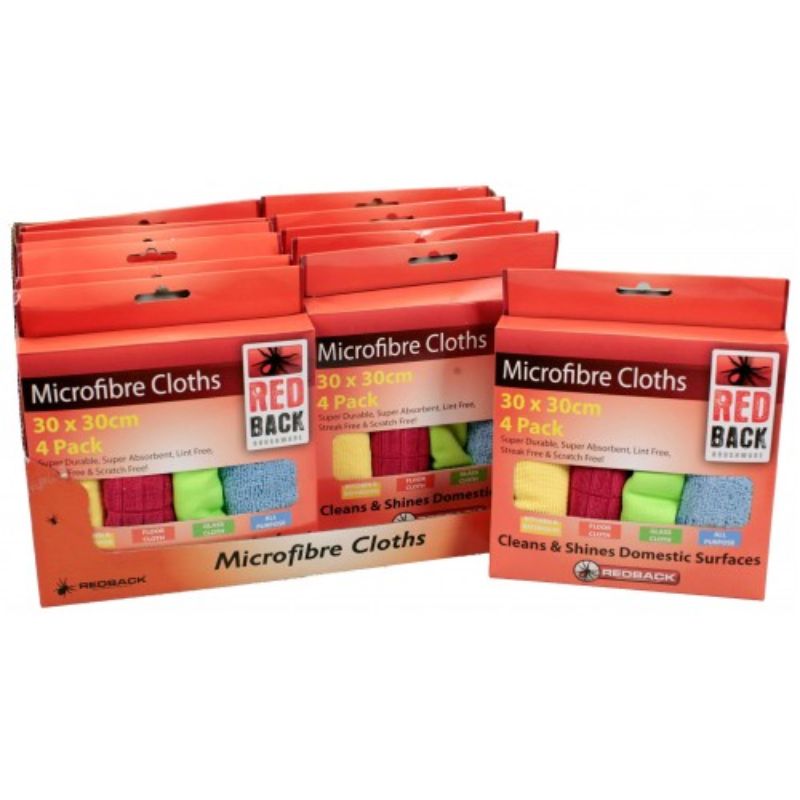 Set of four 30x30cm microfibre cloths for effective, eco-friendly cleaning in kitchen, bathroom, and on various surfaces.