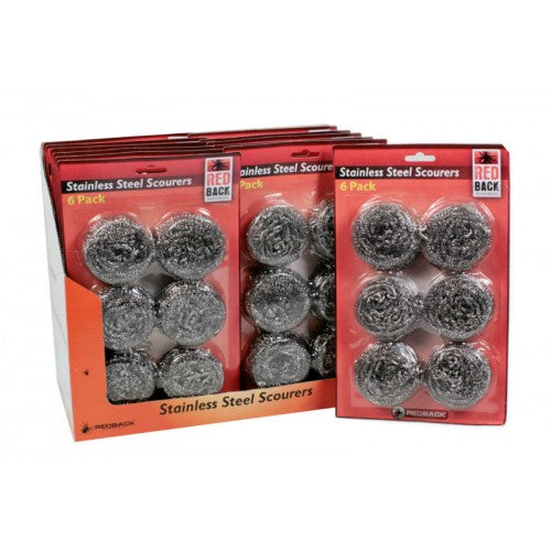Set of 6 durable stainless steel scourers, perfect for tackling tough kitchen messes and ensuring scratch-free cleaning.