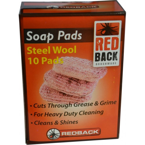 Pack of 10 steel wool soap pads for effective cleaning, tackling grease and grime on various surfaces.