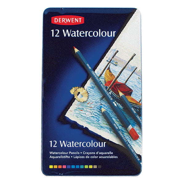 Derwent Watercolour Pencils in a 12-tin, featuring vibrant colors and a hexagonal design for precise, mixed media art.
