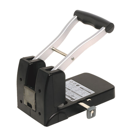 Rexel Polaris 2 Hole Punch with ergonomic handle, punches 100 sheets, features self-centering guide and easy scrap disposal.