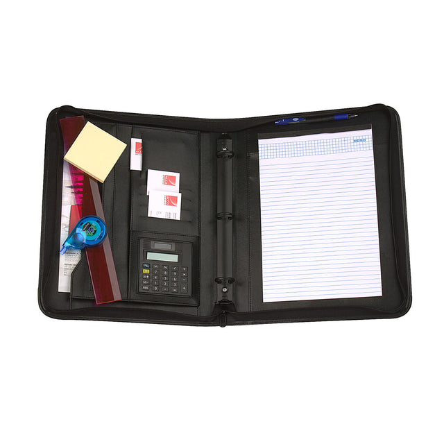 Marbig Compendium Drop Handle with Attache, featuring rounded corners, A4 writing pad, calculator, and multiple storage pockets.
