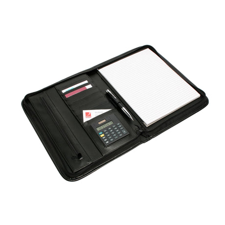 Rexel Compendium Zip Pad Holder in black, featuring a zippered closure, expanding pockets, and a 30-page notebook for organization.