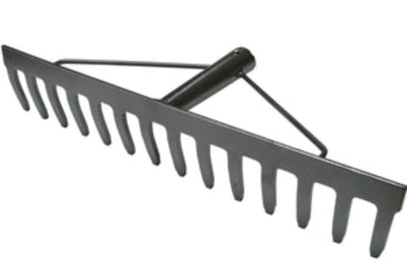 Heavy-duty grey hammertone rake head with 14 sharp teeth for effective gardening and landscaping tasks.