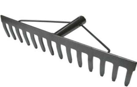 Heavy-duty grey hammertone rake head with 14 sharp teeth for effective gardening and landscaping tasks.