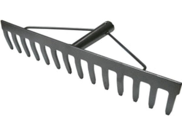Heavy-duty grey hammertone rake head with 14 sharp teeth for effective gardening and landscaping tasks.