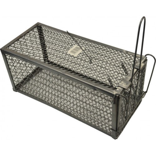 Metal cage rat trap for humane rodent control, 300x130x250mm, durable and discreet design for effective pest management.
