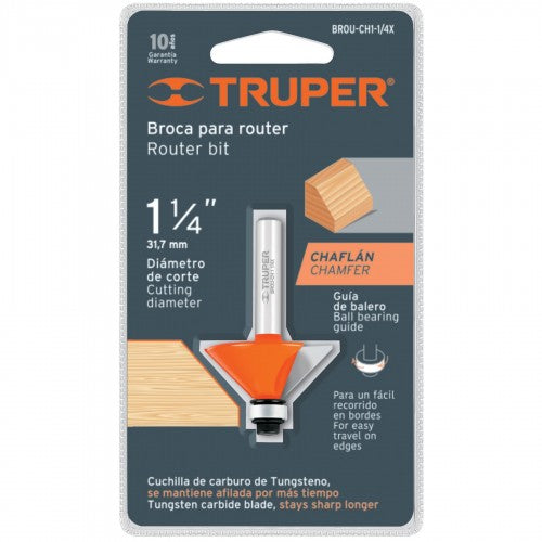 Router Bit Chamfer by Truper for precision cutting, featuring a durable chrome steel body and tungsten carbide cutter.