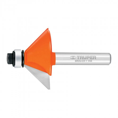 Router Bit Chamfer - Truper (1 1/4") for precise wood shaping and clean angles, crafted from durable chrome steel.