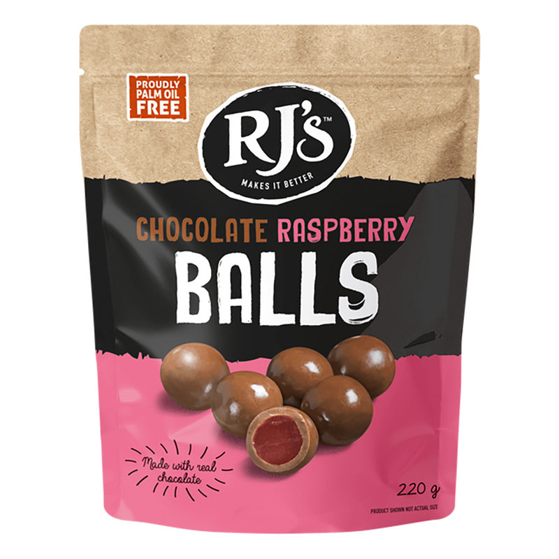 RJ's Raspberry Chocballs 220g - Carton of 12