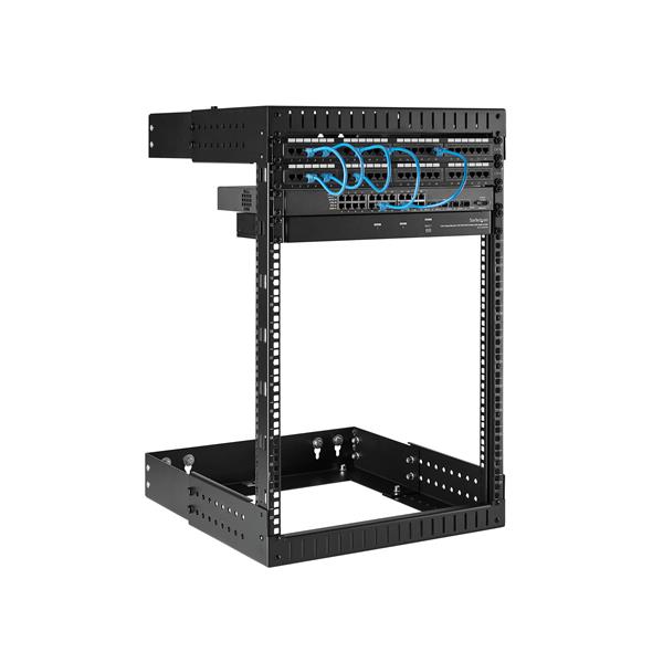 15U adjustable depth wall-mount server rack for home or office, supporting up to 198 lbs with open frame design for easy access