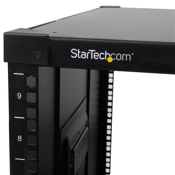 9U Portable Server Rack with Handles for mobile AV equipment, featuring swivel casters, heavy-gauge rails, and TAA compliance.