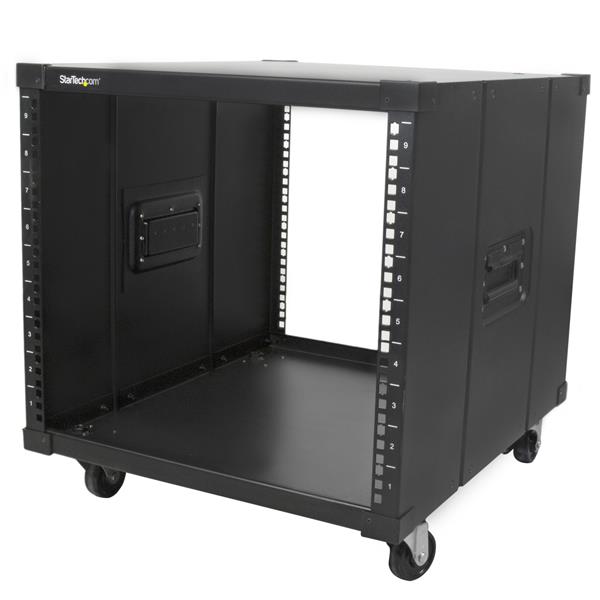 9U Portable Server Rack featuring sturdy handles and swivel casters for easy mobility of network gear and AV equipment.