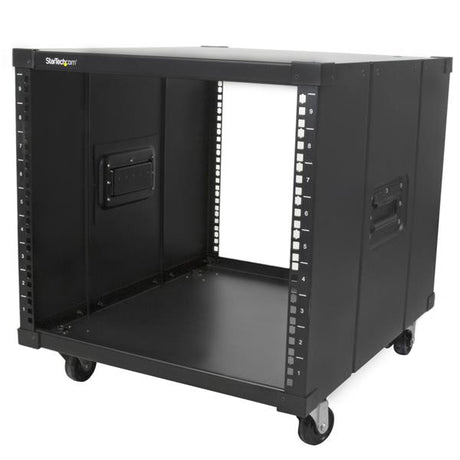 9U Portable Server Rack featuring sturdy handles and swivel casters for easy mobility of network gear and AV equipment.