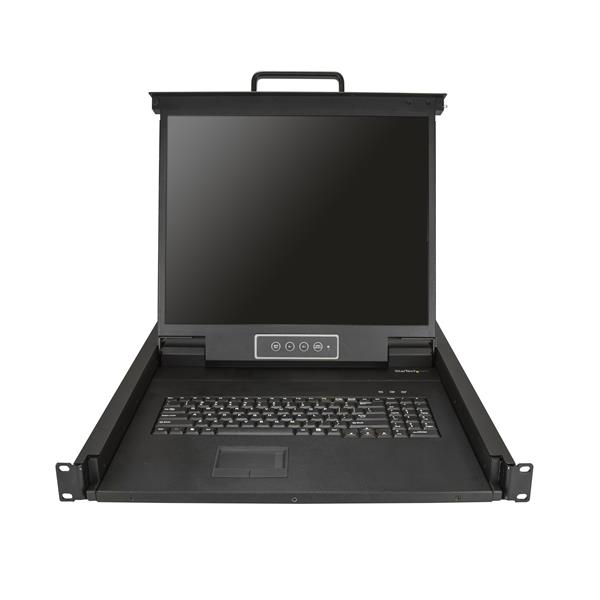 19-inch 1U KVM console with LCD, built-in keyboard, and touchpad for efficient server management in a compact rack space.