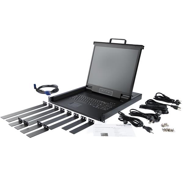 19-inch 1U KVM console with LCD, keyboard, and touchpad for effective server management in a compact design.