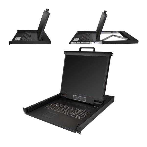 19-inch 1U KVM console with LCD, keyboard, and touchpad for efficient server management in a compact design.