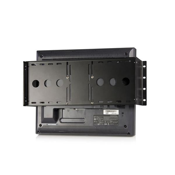 Universal VESA mounting bracket for 19in rack, supporting LCD and touch screens, ideal for organized workspace setups.