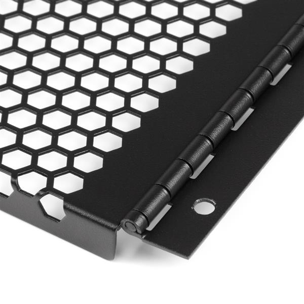 4U Vented Blank Panel with Hinge for server racks, enhancing airflow, organization, and easy maintenance with durable steel construction.
