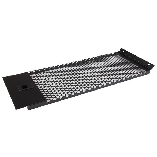 4U vented blank panel with hinge for server racks, enhances airflow and organization, tool-less installation, steel construction.
