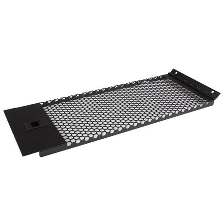4U vented blank panel with hinge for server racks, enhances airflow and organization, tool-less installation, steel construction.