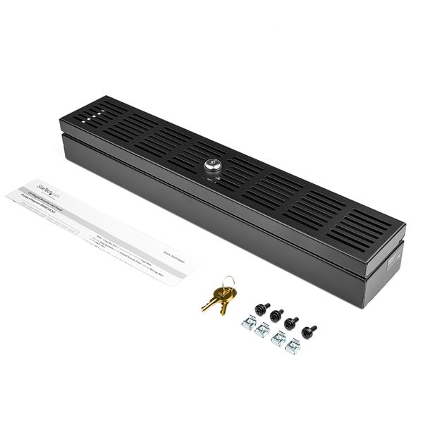 2U Locking Security Panel for 19" Rack, features perforated slots for cooling and access, enhancing server protection and organization.