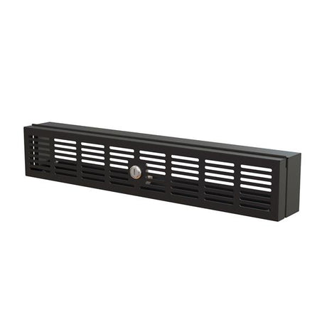 2U locking security panel for 19" rack mount with cooling slots, protecting server equipment from unauthorized access.