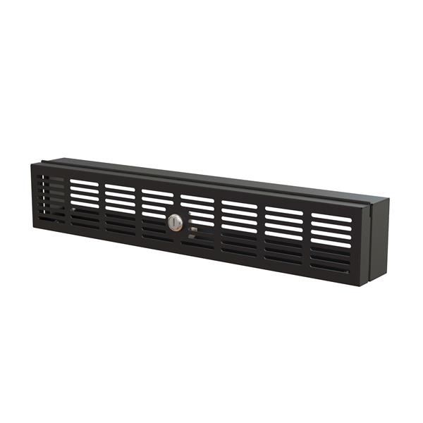 2U locking security panel for 19" rack mount with cooling slots, protecting server equipment from unauthorized access.
