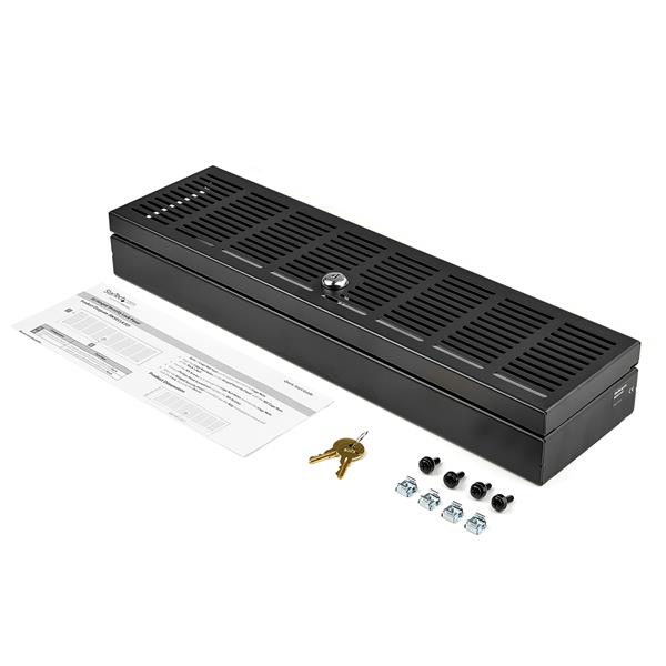 3U rack-mount security cover with locking key, hinged access for server racks, ensuring protection and passive cooling.