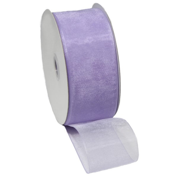 Lavender organza ribbon with woven edge, 25mm wide and 50m long, perfect for crafting and elegant decorations.