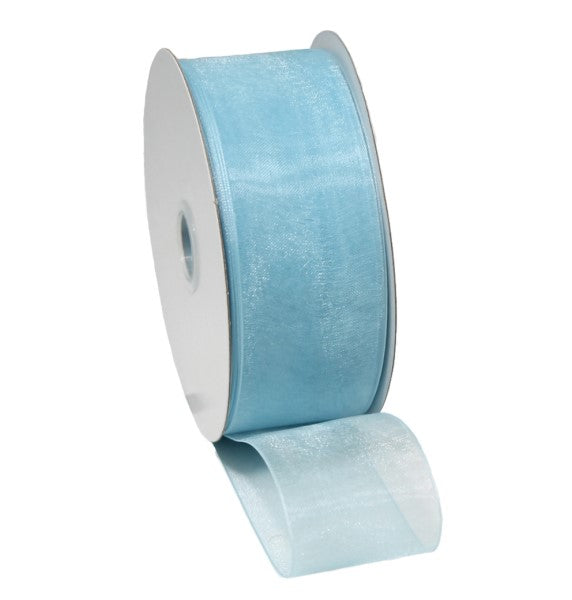 Elegant pale blue organza ribbon with woven edges, perfect for crafting, gift wrapping, and event decorations.