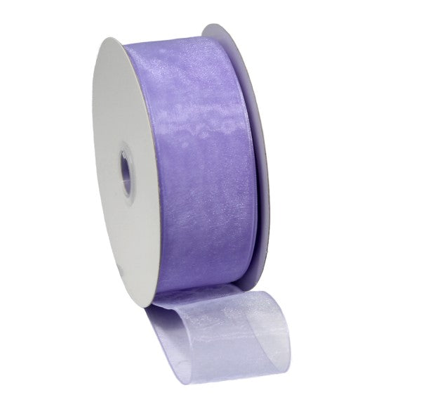 Elegant wisteria organza ribbon with woven edges, perfect for crafts, weddings, and gift wrapping, 25mm x 50m.