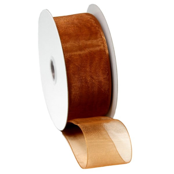 Rich chocolate organza ribbon with woven edges, perfect for elegant crafting and decorations, measuring 40mm x 50m.