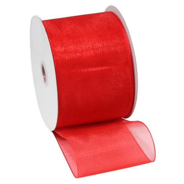 Vibrant red organza ribbon with woven edges, 70mm wide and 50m long, ideal for crafting, decorating, and gift wrapping.