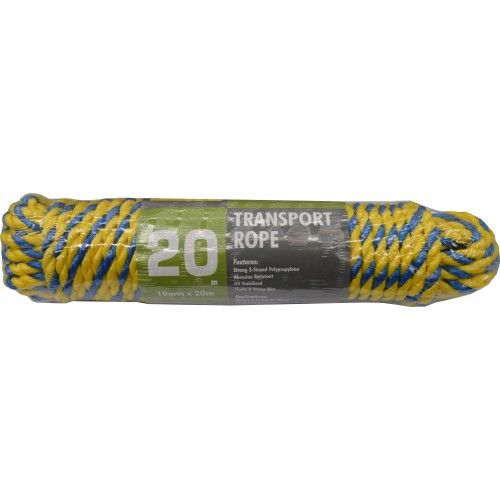 Durable 10mm x 20m twisted polypropylene rope in blue and yellow, ideal for outdoor activities and DIY projects.