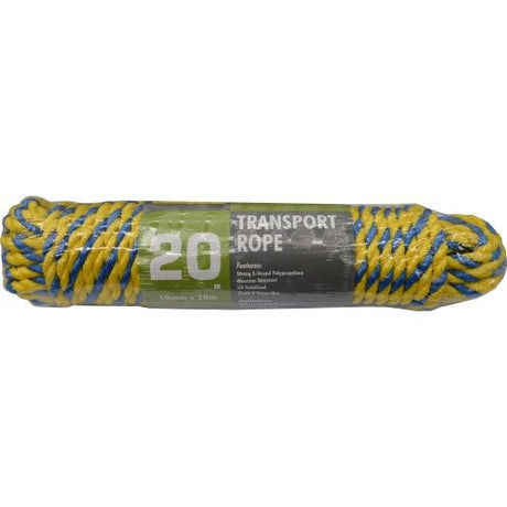 Durable 10mm x 20m twisted polypropylene rope in blue and yellow, ideal for outdoor activities and DIY projects.