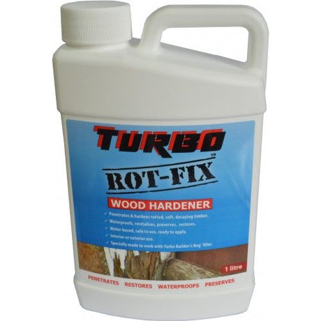 Turbo Rot Fix Wood Hardener (1L) restores and waterproofs rotted timber for durable repairs in home renovation projects.