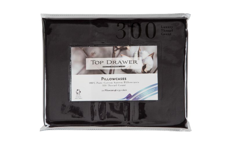 Elegant black standard pillowcase 2 pack made of 100% cotton sateen with 300TC for soft, luxurious comfort.