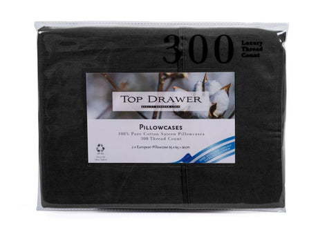 Elegant black European pillowcase set made from 100% cotton sateen with 300TC for superior softness and durability.