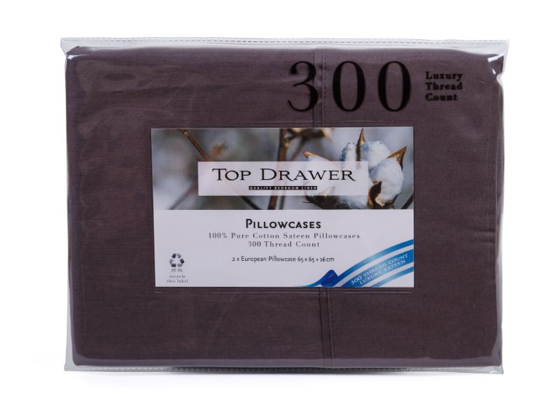 Graphite European pillowcase set, 100% cotton sateen, 300TC, luxurious feel, fits standard euro pillows, elegant design.