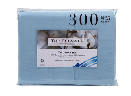 Set of two light blue 100% cotton sateen European pillowcases, 300TC; luxurious, soft, and durable for stylish bedding.