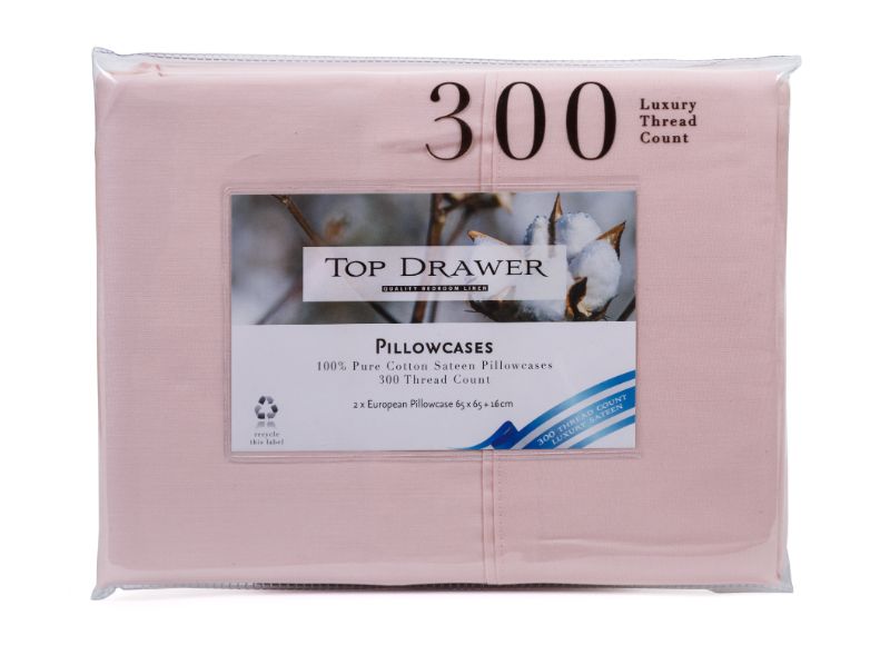 Luxurious blush European pillowcase set, 100% cotton sateen, 300TC, 65x65+16cm, perfect for elegant bedroom decor.