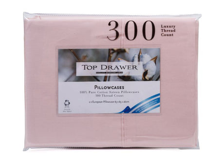 Luxurious blush European pillowcase set, 100% cotton sateen, 300TC, 65x65+16cm, perfect for elegant bedroom decor.