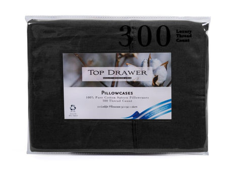 Lodge Pillowcase 2 Pack in black, 100% cotton sateen, 300 thread count for luxurious comfort and elegant bedroom decor.